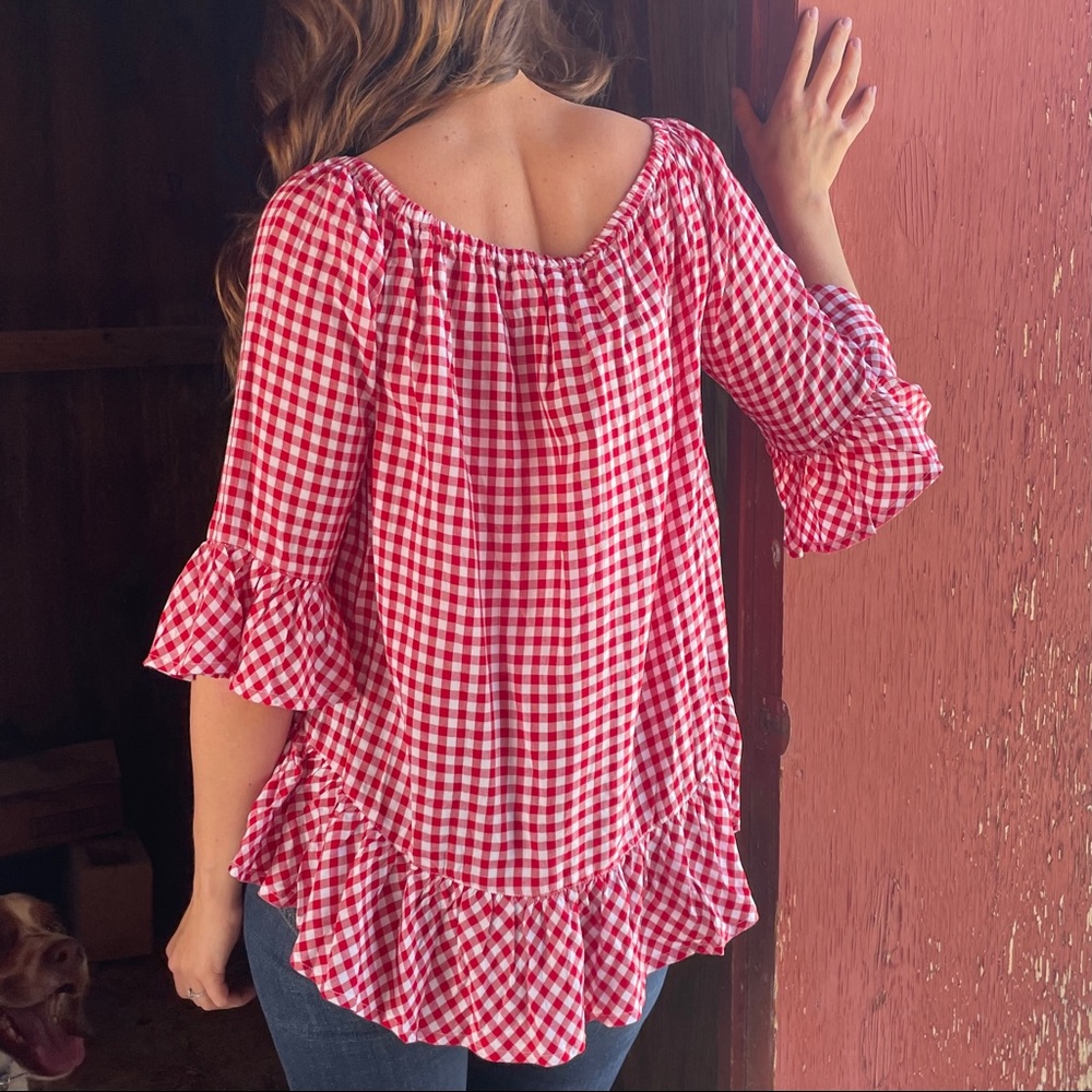 Red Gingham Ruffle Sleeve Top - Picture 2 of 8